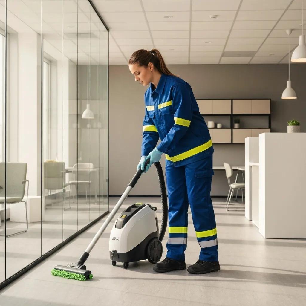 Janitor using eco-friendly cleaning tools in an office, showcasing sustainable cleaning practices