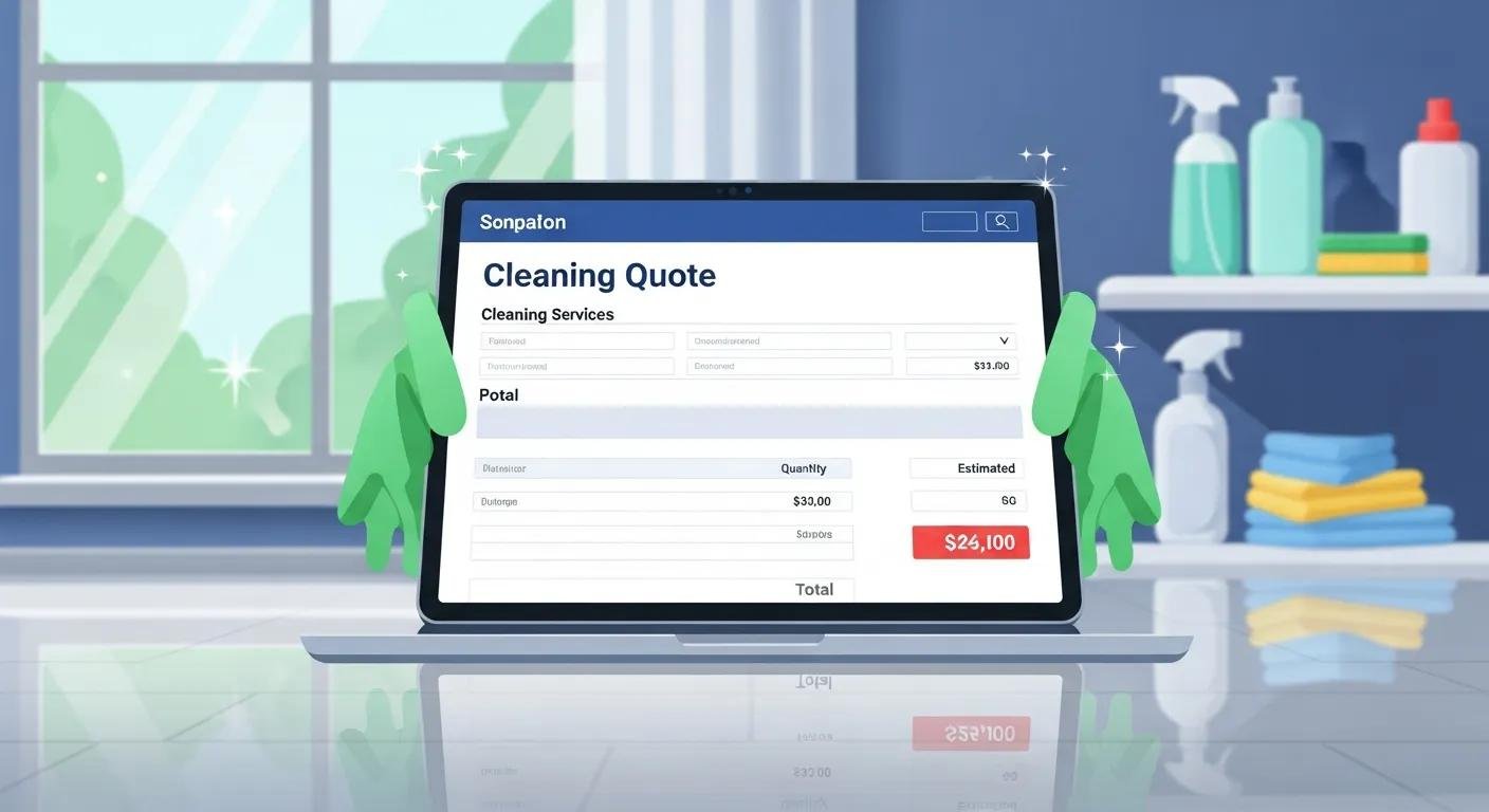 Cleaning quote displayed on laptop with green gloves, showcasing commercial cleaning services and estimated total of $24,100, set in a bright, tidy environment with cleaning supplies in the background.