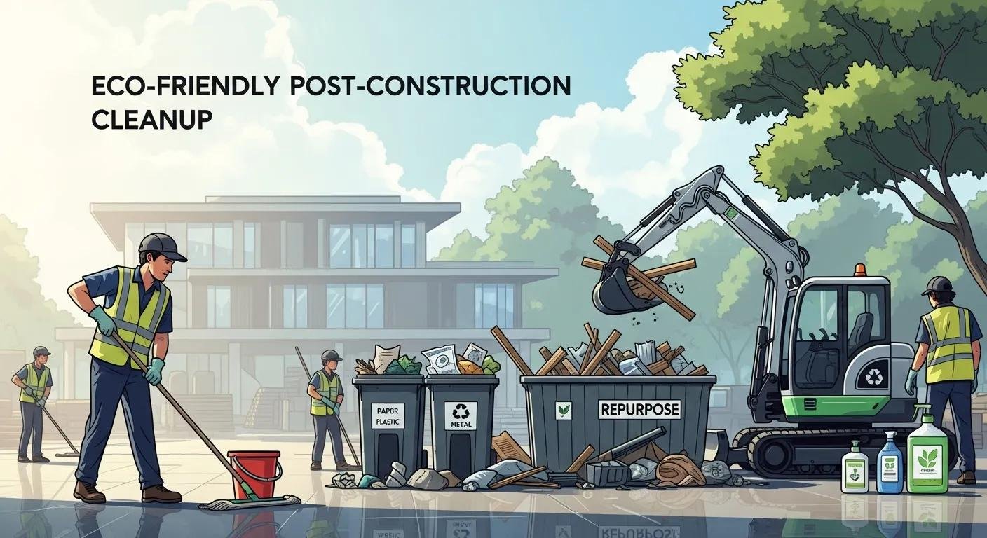 Eco-friendly post-construction cleanup scene with workers in safety vests, cleaning debris, recycling bins labeled for paper, plastic, metal, and repurpose, and a mini-excavator on a commercial property site.