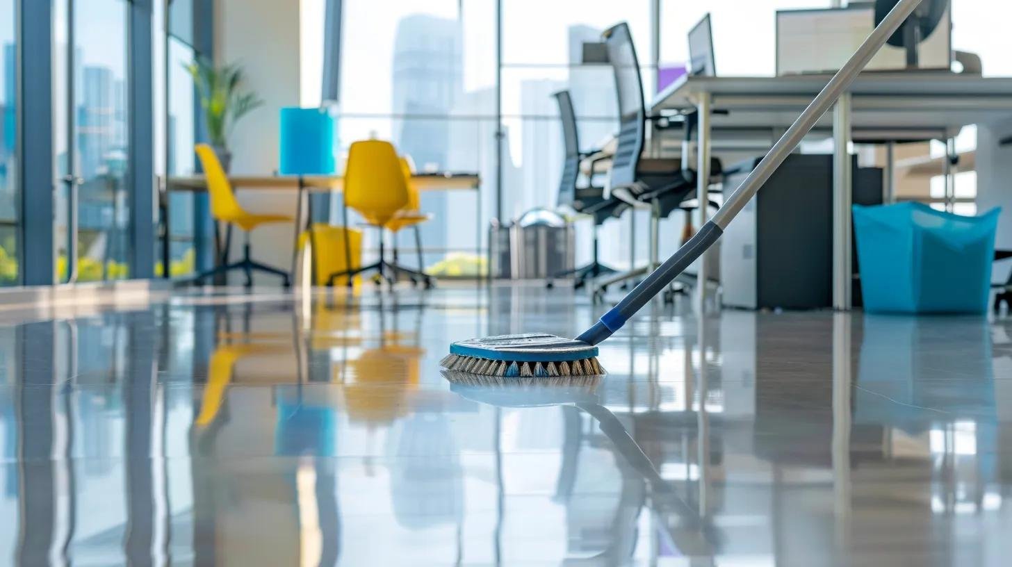 Office cleaning equipment scrubbing shiny floor in modern workspace with yellow chairs and large windows, emphasizing eco-friendly cleaning practices.