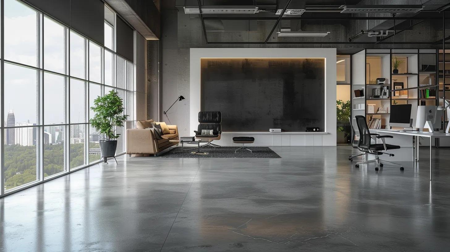 Modern office interior with large windows, a cozy seating area featuring a beige sofa and black chair, green potted plants, and a sleek desk setup, emphasizing a clean and eco-friendly workspace for commercial cleaning service scheduling.