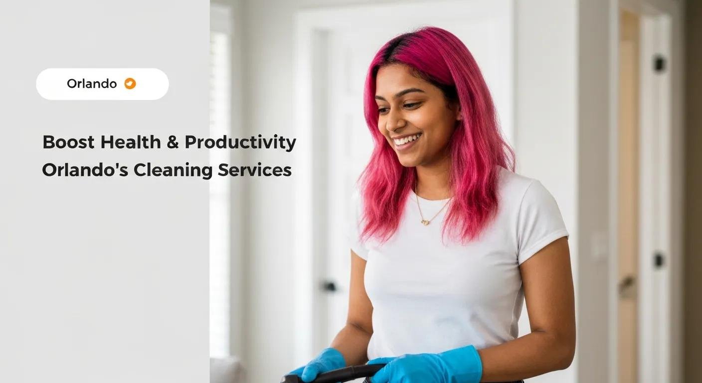 Woman with pink hair smiling while holding a cleaning tool, promoting health and productivity in commercial cleaning services in Orlando.