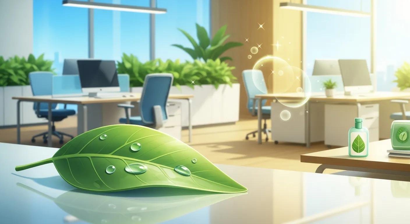 Leaf with water droplets on a desk in an eco-friendly office setting, featuring green cleaning products and plants, symbolizing sustainable cleaning practices for healthier indoor air quality.