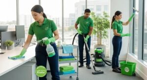 Commercial cleaning team working in an office — eco-friendly products