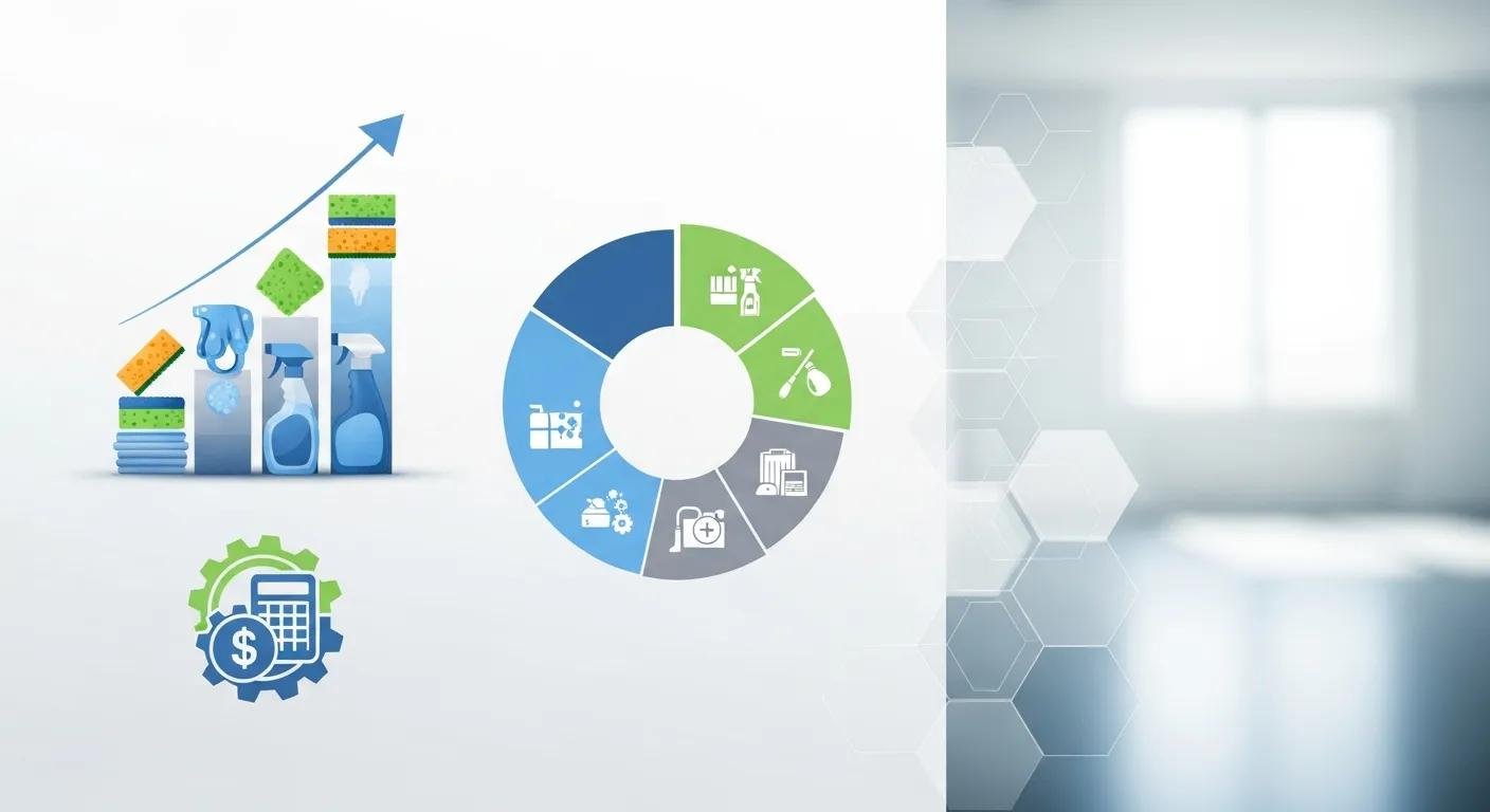 Graph depicting rising commercial cleaning costs with cleaning supplies and eco-friendly icons, emphasizing budget considerations for businesses.
