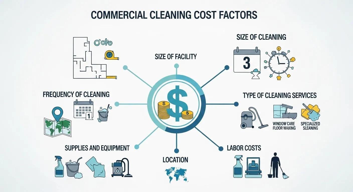 Infographic illustrating commercial cleaning cost factors, including size of facility, frequency of cleaning, supplies and equipment, labor costs, and types of cleaning services.