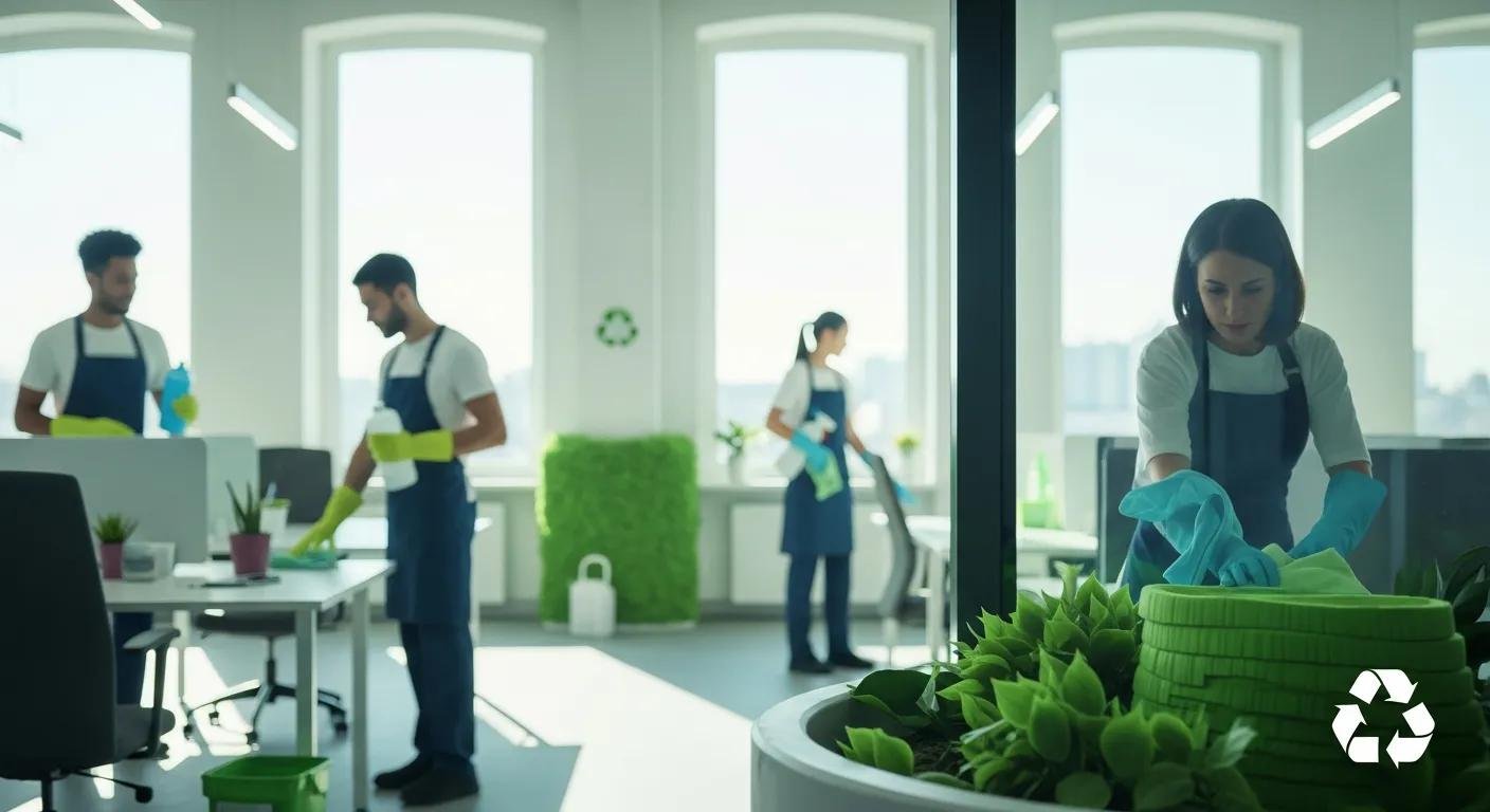 Office cleaning team using eco-friendly practices, with green plants and recycling symbol, highlighting sustainable cleaning services.