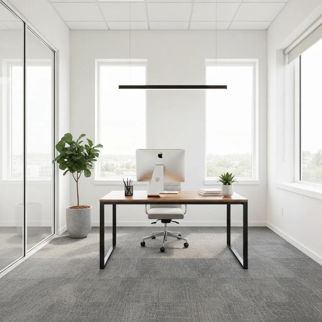 Clean and organized office space with eco-friendly plants, natural light, and modern desk setup, reflecting a healthy and sustainable workspace.