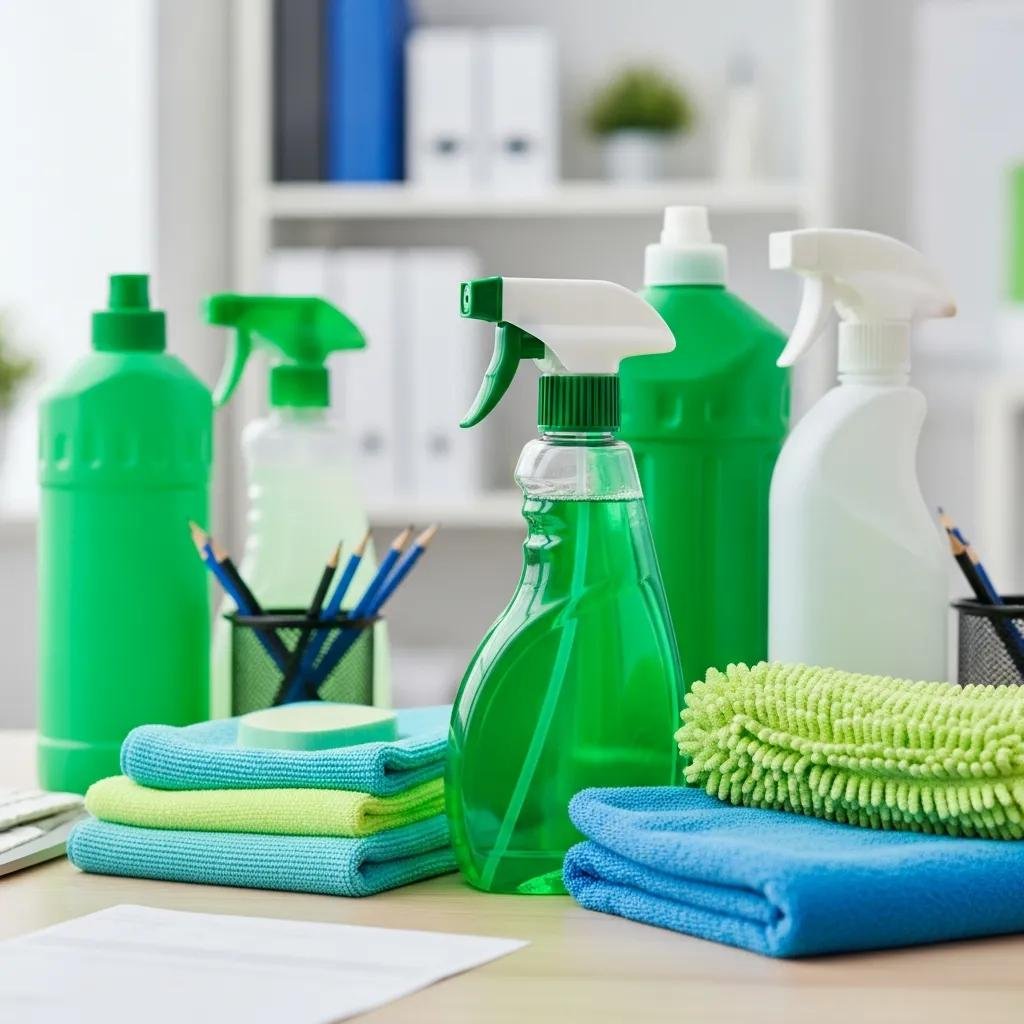 Eco-friendly cleaning products and tools, including green spray bottles and vibrant microfiber cloths, arranged in a bright office setting, emphasizing sustainability and cleanliness in commercial cleaning services.