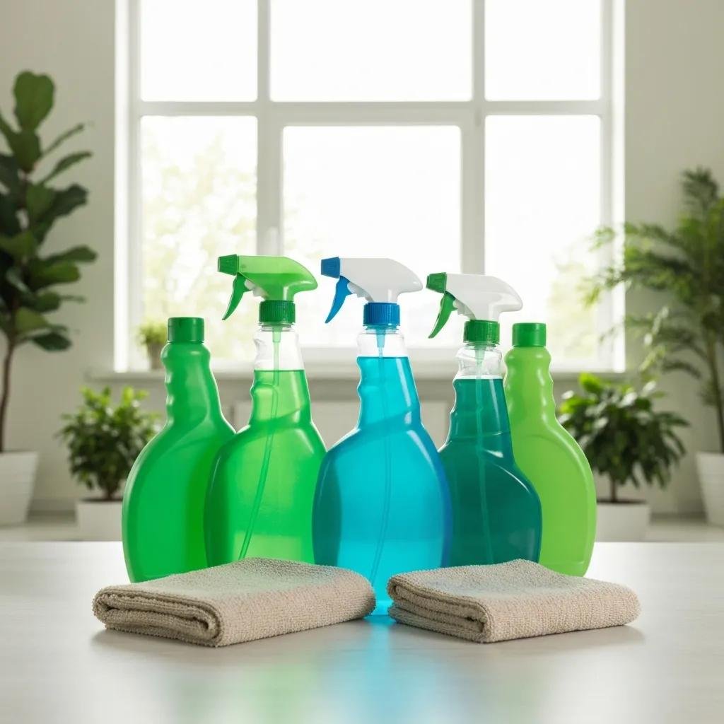 Eco-friendly cleaning supplies staged in a bright, clean office