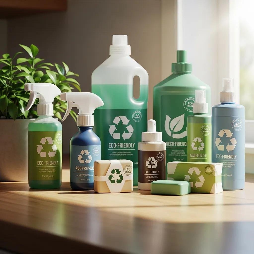 Eco-friendly cleaning products with green certifications displayed on a countertop, highlighting sustainability