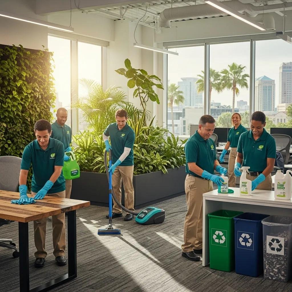 Eco-friendly cleaning team in an office setting, using green cleaning products, with plants and recycling bins visible, emphasizing sustainable commercial cleaning practices in Orlando.