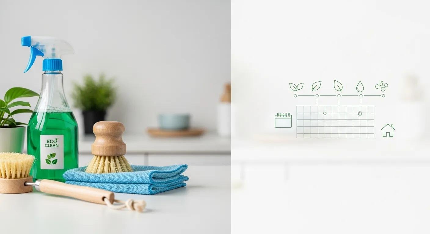 Eco-friendly cleaning supplies including a spray bottle labeled "ECO CLEAN," a wooden brush, and blue microfiber cloths, alongside a graphic illustrating cleaning frequency and sustainability for commercial spaces.