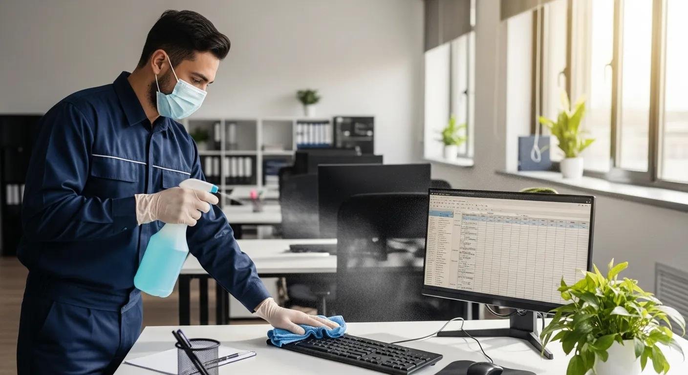 Man in blue uniform cleaning office keyboard with disinfectant spray and cloth, emphasizing eco-friendly commercial cleaning practices for health and productivity.