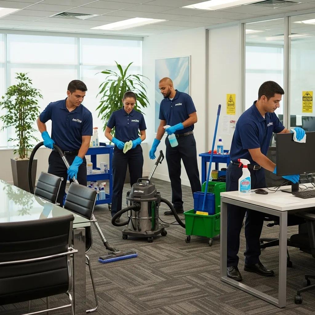 Jani-King franchisee team performing cleaning tasks in a modern corporate office, showcasing standardized service quality