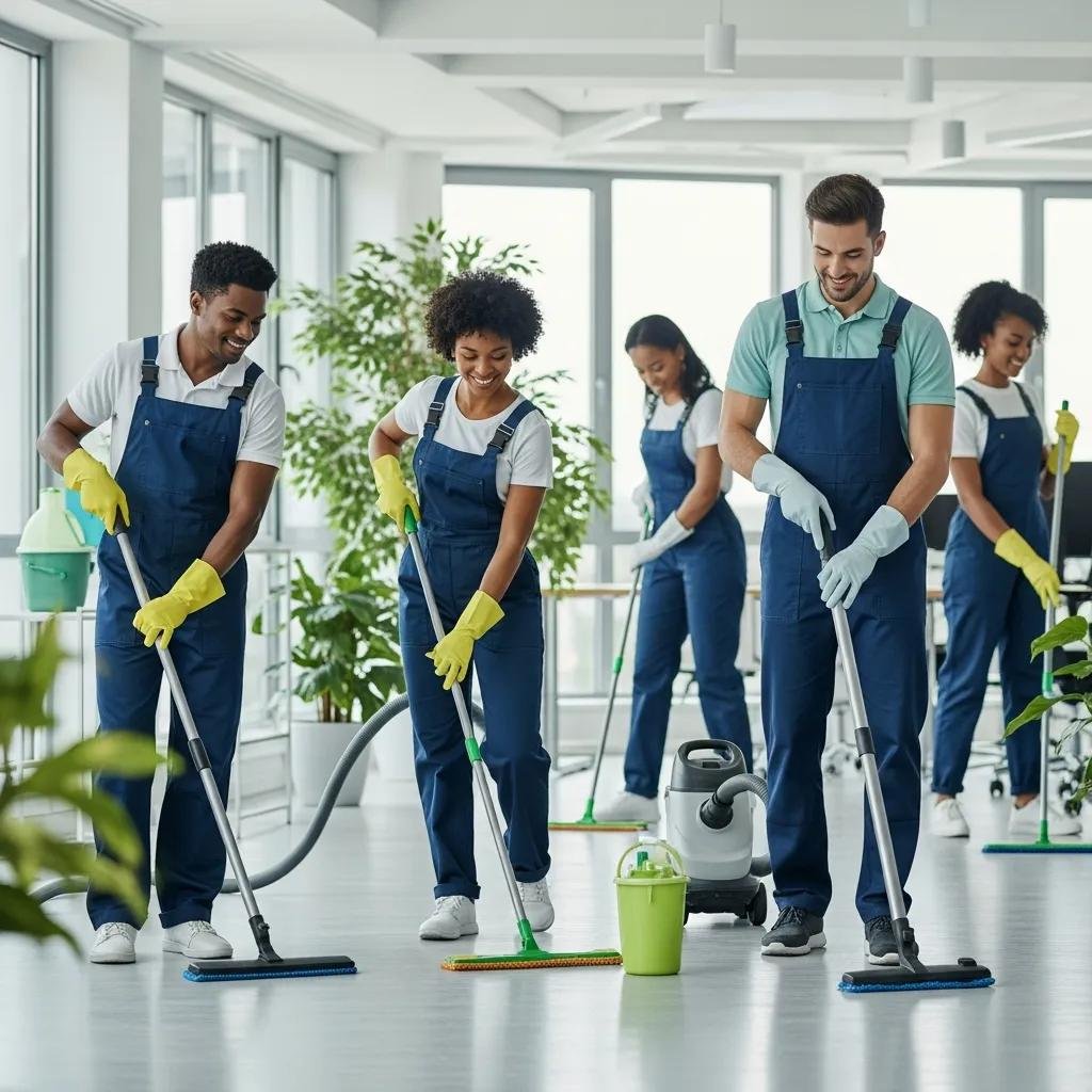 Professional cleaners using eco-friendly products in a modern office, emphasizing health and cleanliness with green cleaning practices.