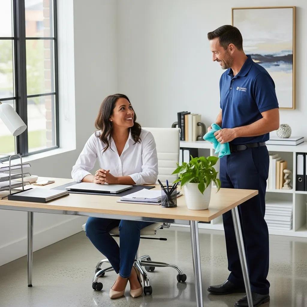 Satisfied client in a clean office interacting with a professional cleaner, showcasing successful cleaning services