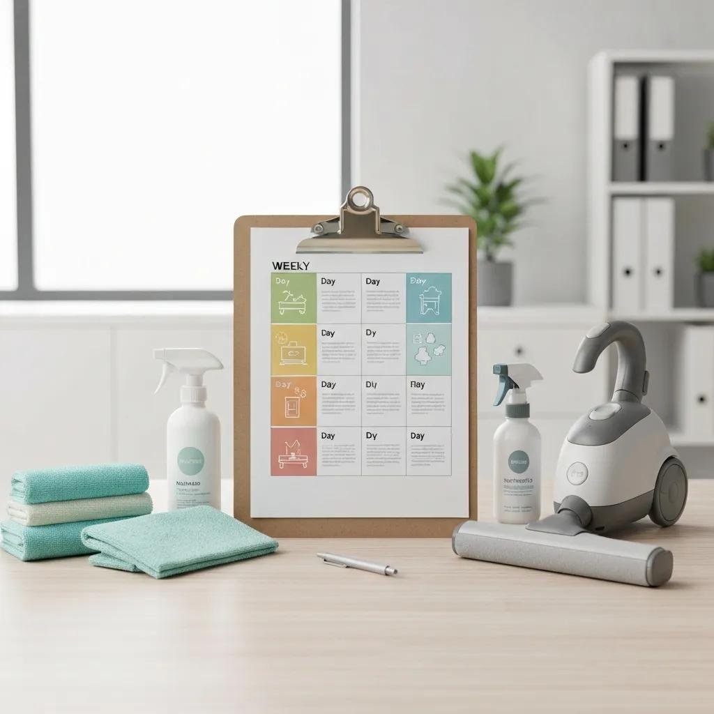 Clipboard with a weekly cleaning schedule and eco-friendly supplies in an office