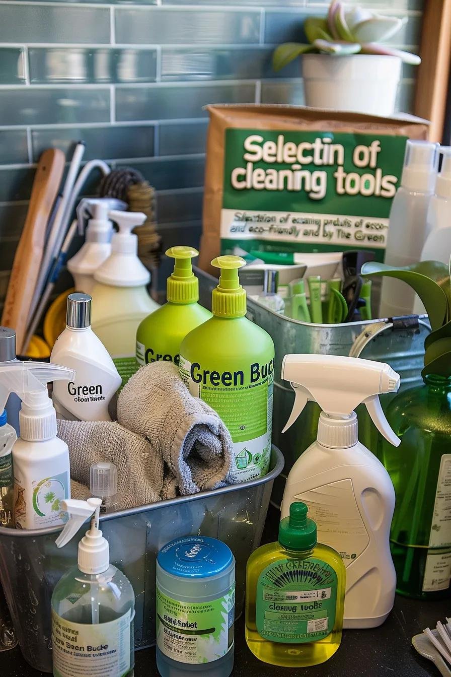 Selection of eco-friendly cleaning products and tools used by The Green Bucket