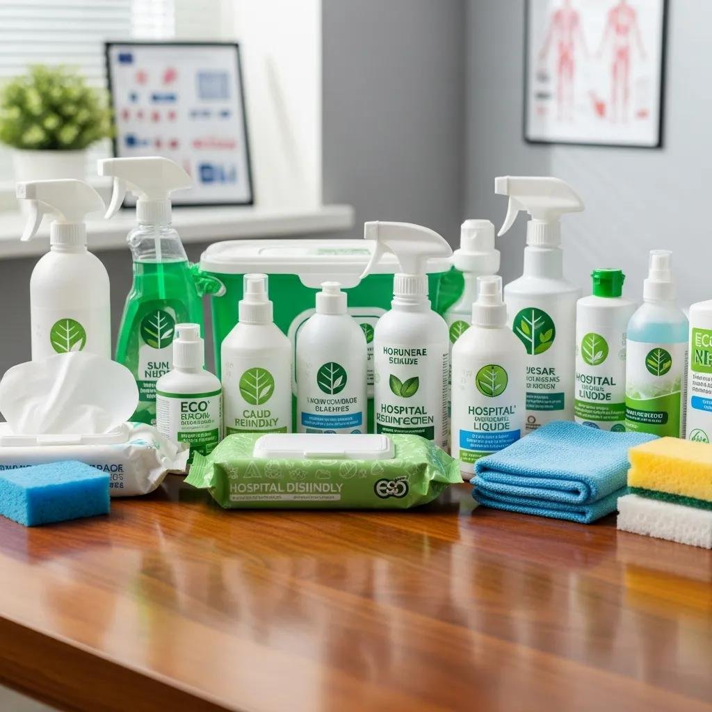 Array of eco-friendly cleaning supplies for medical office sanitation