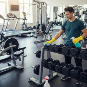 Clean and sanitized gym environment with fitness equipment and a professional cleaner using eco-friendly products