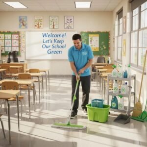 Clean classroom with eco-friendly cleaning products and a janitor at work