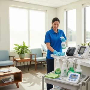 Clean medical office with eco-friendly cleaning practices and professional cleaner