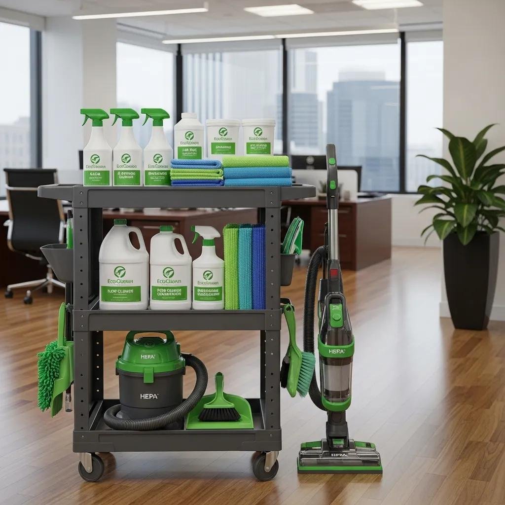 Customized green janitorial supplies in a cleaning cart, showcasing eco-friendly products for financial and commercial facilities