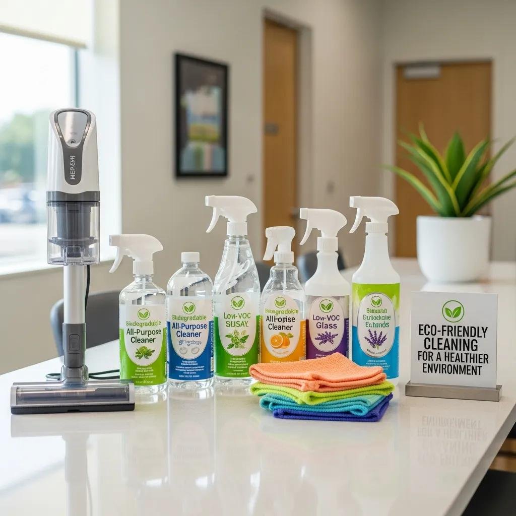 Eco-friendly cleaning products displayed in a medical office setting