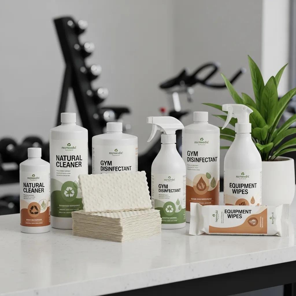 Eco-friendly cleaning products for gym sanitization displayed on a counter with gym equipment in the background