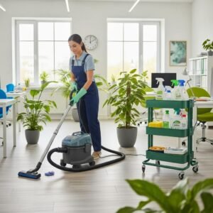 Eco-friendly office cleaning service in action with a focus on a clean workspace and green products
