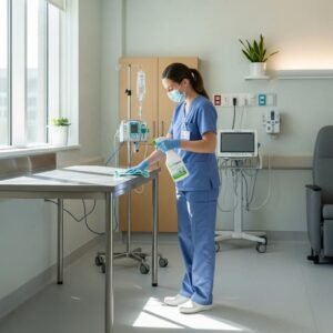 Healthcare worker cleaning a hospital room with eco-friendly products