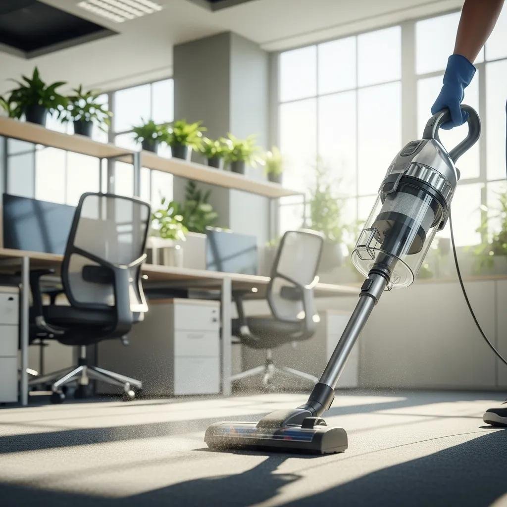 HEPA vacuum in use to remove fine dust and allergens from an office carpet