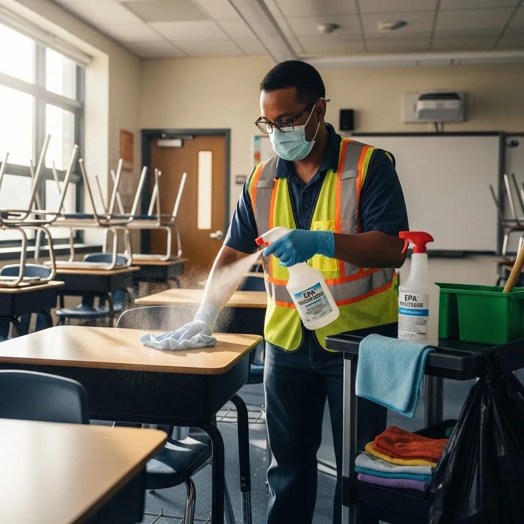 Janitor disinfecting classroom surfaces with EPA-registered products