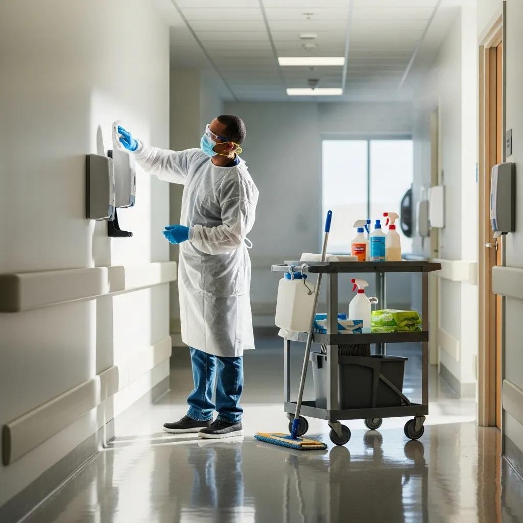 Janitor performing infection control cleaning in a hospital setting