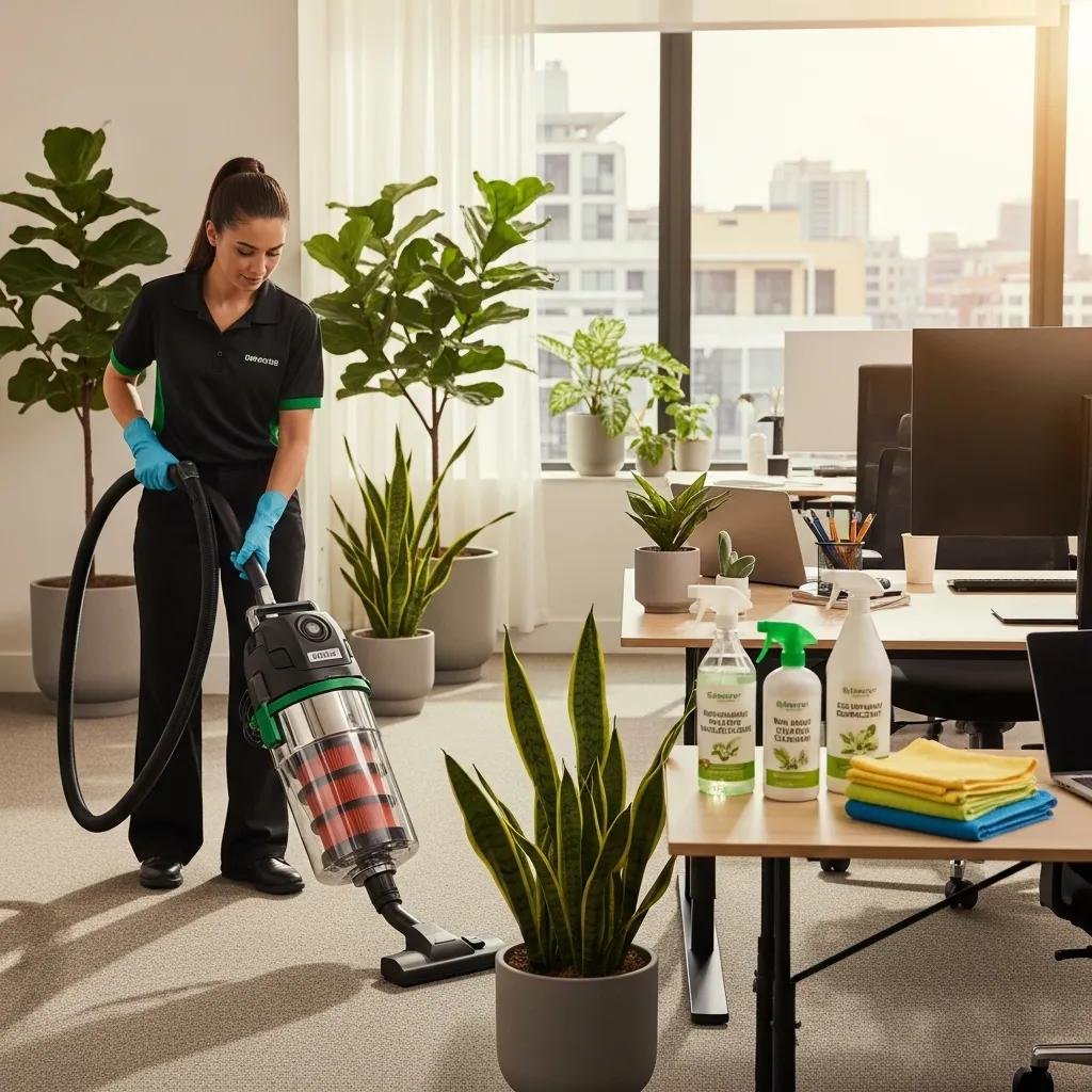 Professional cleaner using eco-friendly products in a modern office, emphasizing health and indoor air quality benefits