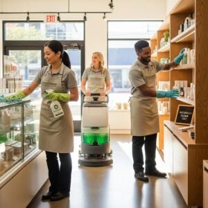 Professional cleaning team using eco-friendly products in a retail store