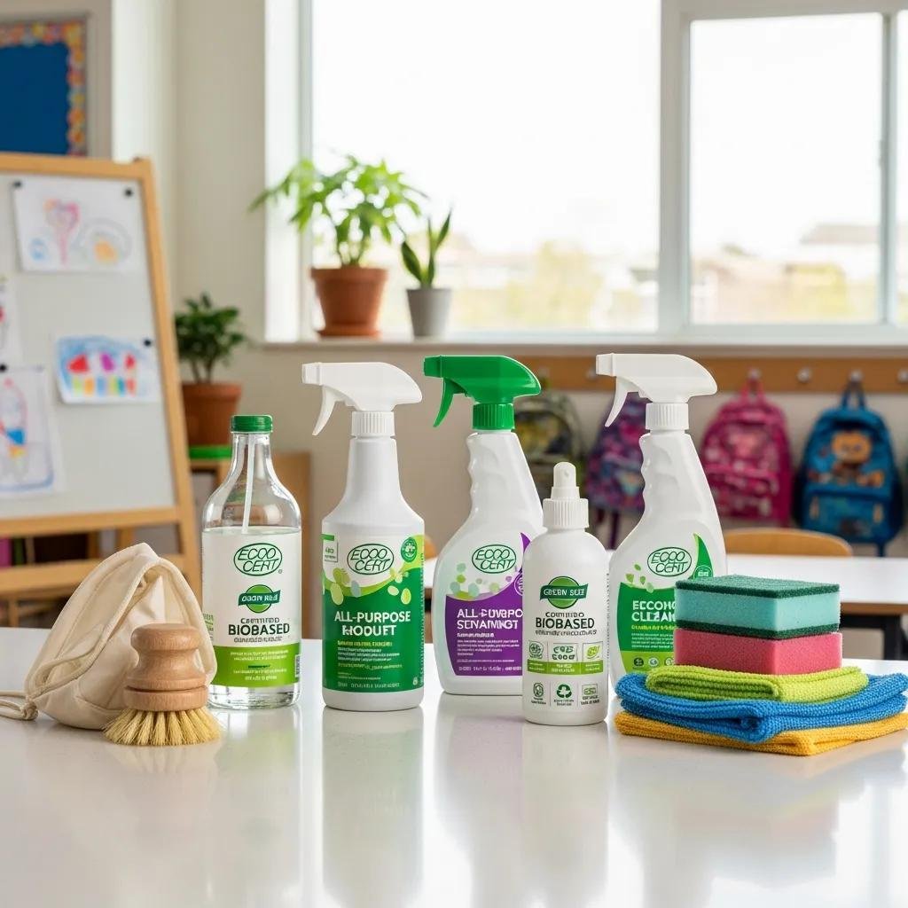 Variety of eco-friendly cleaning products for classroom sanitization