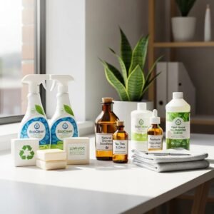 Variety of eco-friendly commercial cleaning products on an office desk, highlighting sustainability and health benefits