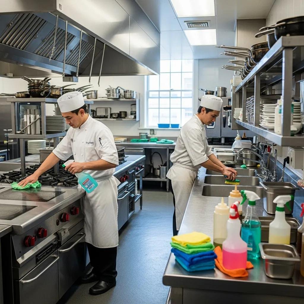 Clean restaurant kitchen with chefs sanitizing surfaces and organized cleaning supplies