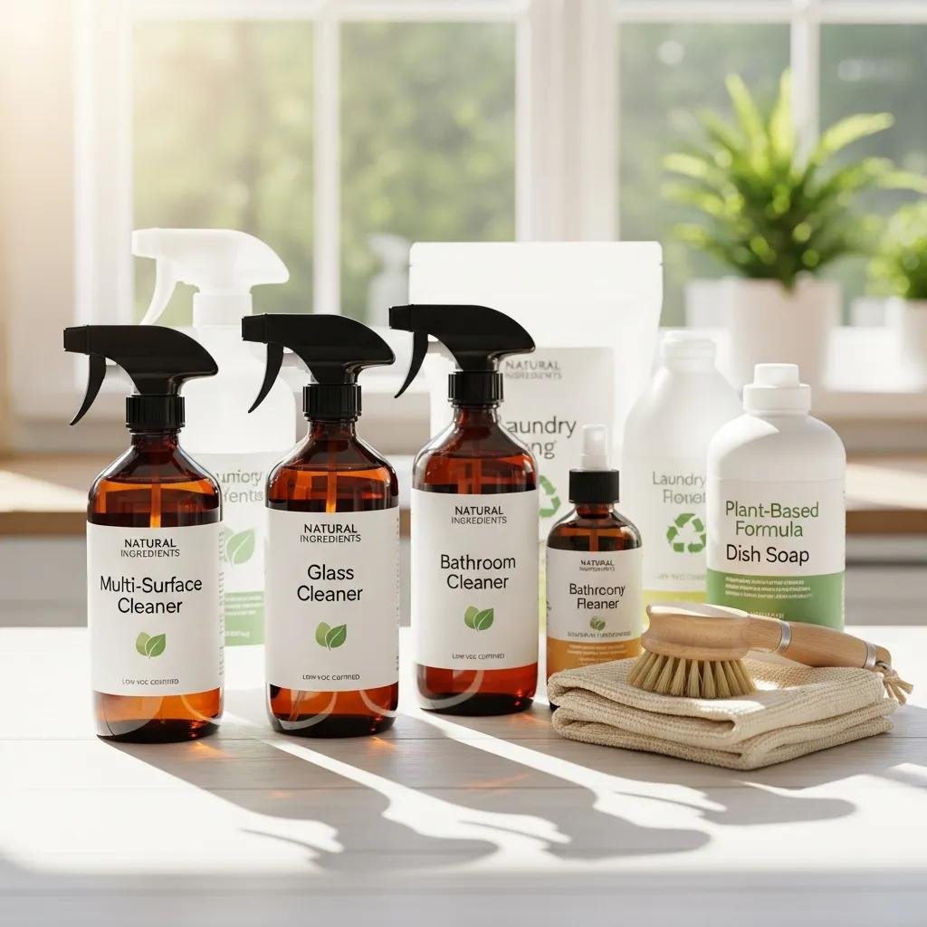 Eco-friendly cleaning products showcasing natural ingredients and low-VOC certifications