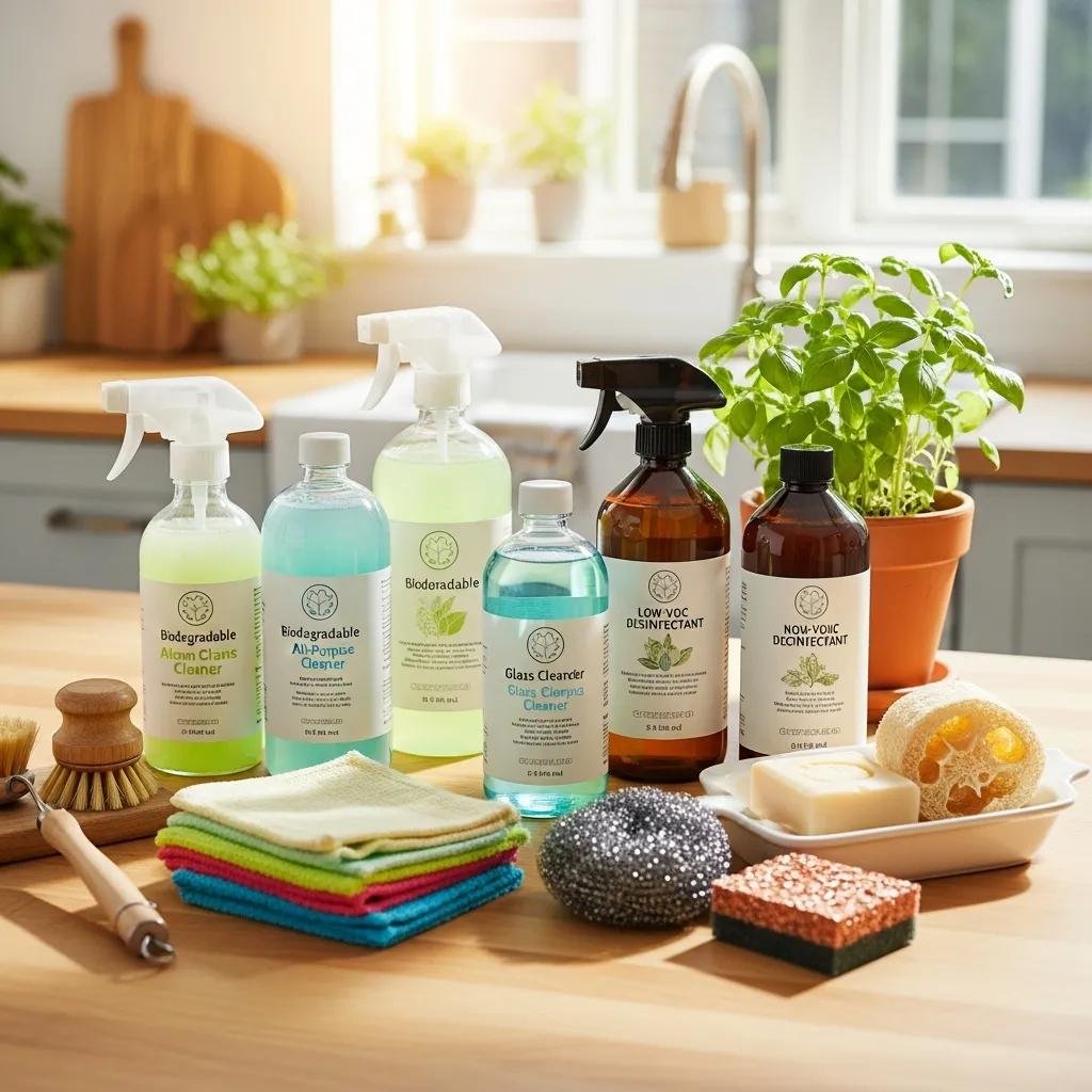 Eco-friendly kitchen cleaning products arranged on a countertop highlighting their benefits