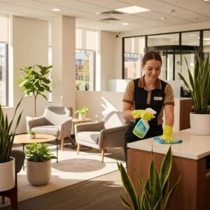 Professional cleaner using eco-friendly products in a modern bank interior