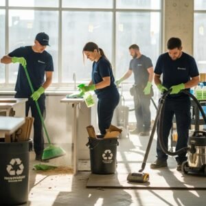 Professional cleaning team using eco-friendly products at a commercial construction site