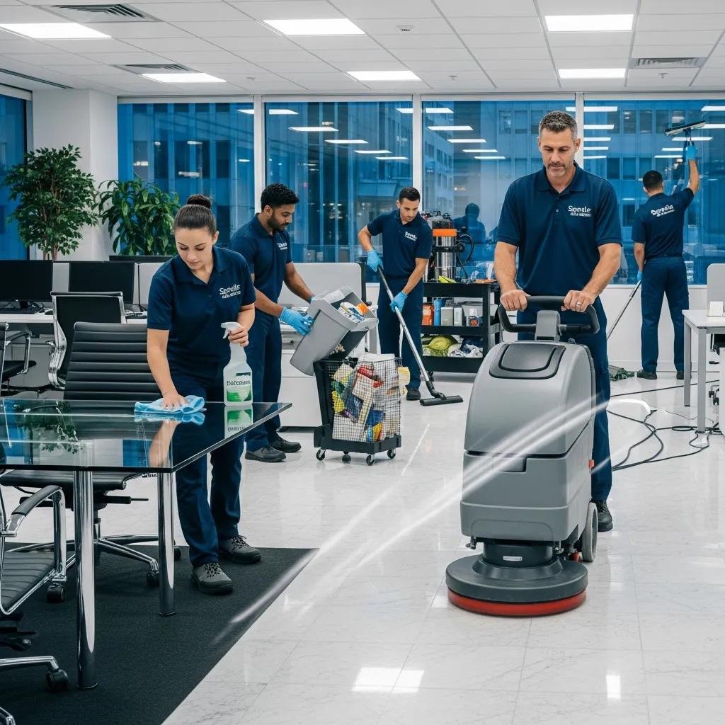 Team of professional janitors cleaning a modern financial office