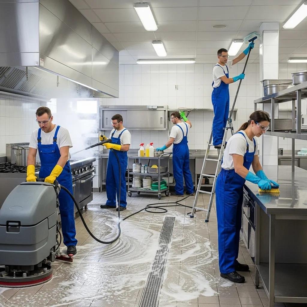 Team performing deep cleaning procedures in a commercial kitchen with specialized equipment