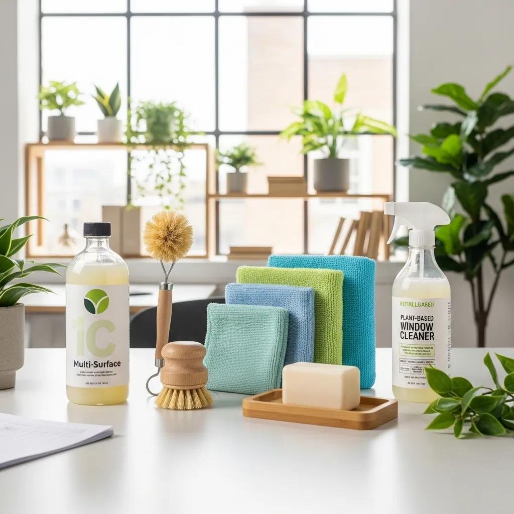 Variety of eco-friendly cleaning products on a clean office desk