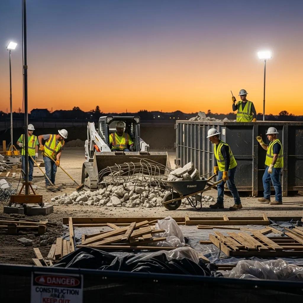 Workers efficiently removing construction debris at a commercial site with safety gear
