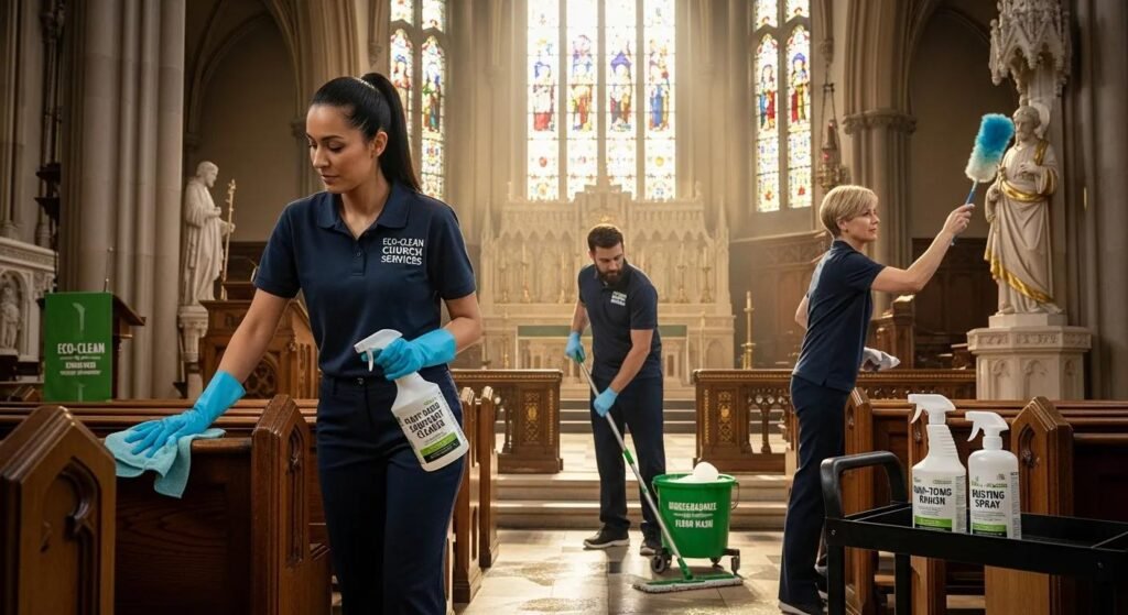 Eco-friendly cleaning products used in church cleaning services to enhance health and safety