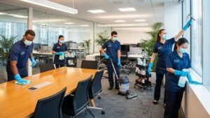 Professional cleaning team in a modern office, showcasing effective cleaning practices